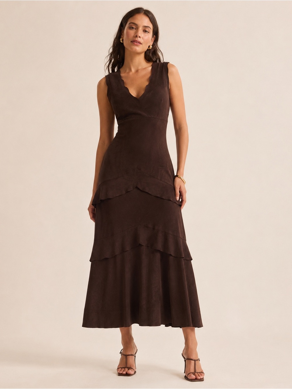 Bebe Vintage Y2K Brown Faux Suede Maxi Dress XS Tiered Ruffle Bodycon Made USA